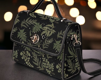 Boho Fern forest Black Canvas Satchel sac, sac à main Green crossbody Moon, bracelet en cuir végétalien mignon Dark Cottagecore sac à main à sangle réglable