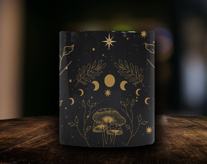 Black Starry Celestial Color Changing Mug, Cottagecore Mushroom Color Changing Ceramic Mug, Celestial Morphing Mug Gift Made in USA