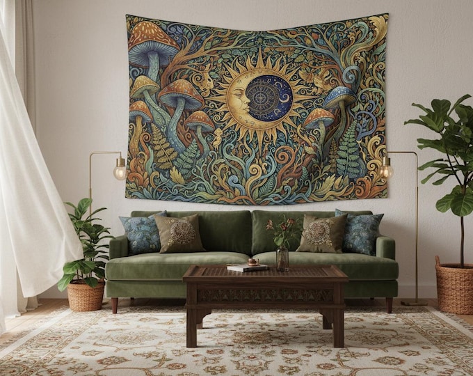 Mystic Sun Mushrooms Tapestry, Bohemian Art Nouveau Forestcore Wall Art, Cottagecore witch Large Astrology Decor, Cute Boho Hippies Gift