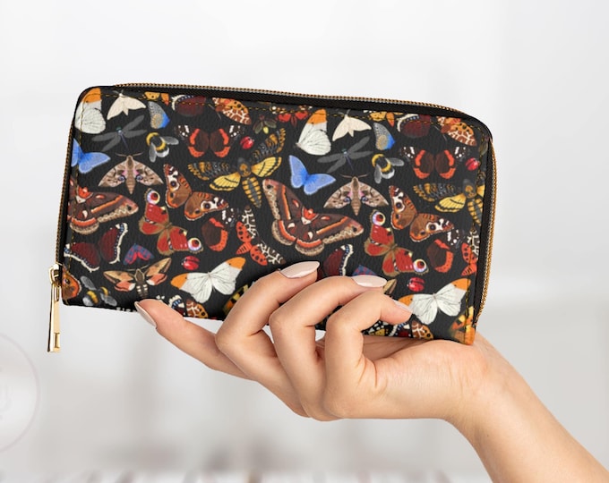 Butterfly Moth Wallet, Witchy Moths Nature Zipper Wallet, Mushroom Accessory Bag, Cottagecore, Dark Academia, Goblincore Fairy Goth Purse