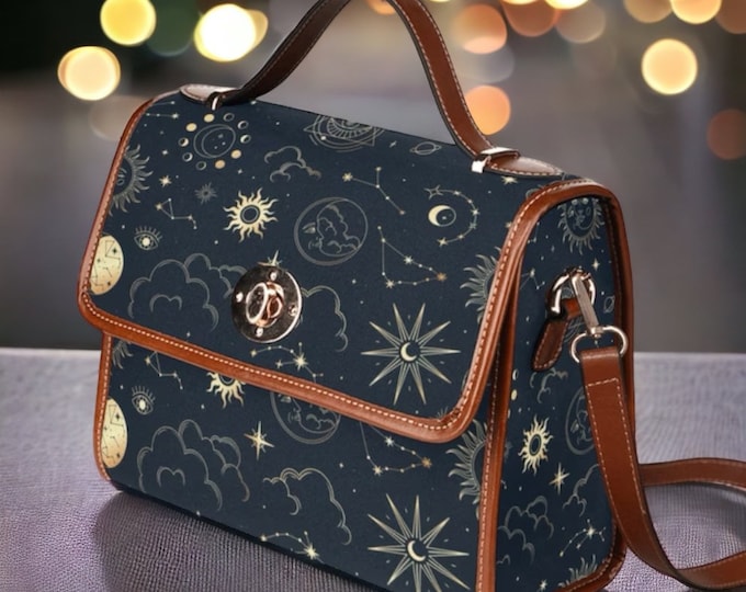 Cottagecore witch Canvas Satchel bag, Cute women rose moon crossed body purse, cute vegan leather strap hand bag goth bag, hippies boho gift