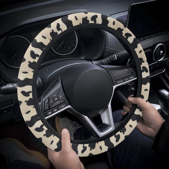 Beige Boho Cow Print Car Steering Wheel Cover, Cottagecore Cute Animal Print Steering Wheel Cover, Boho Cottagecore Car Interior Decor Gift