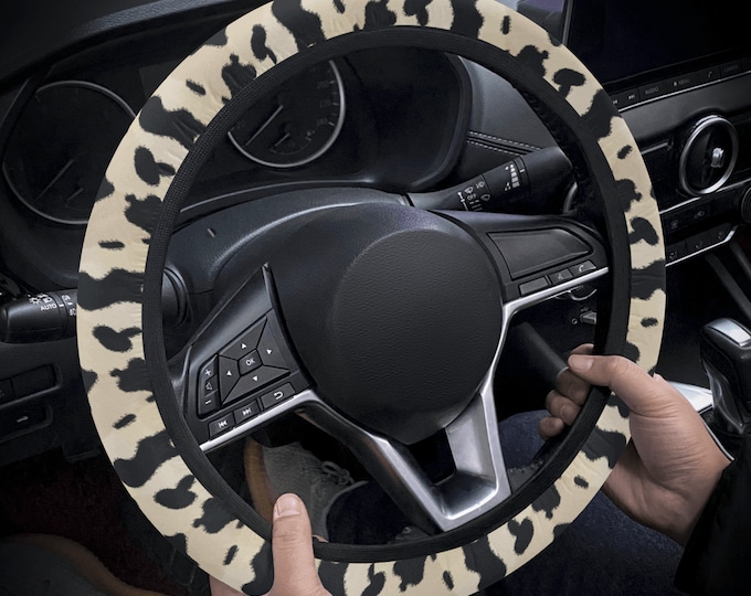 Beige Boho Cow Print Car Steering Wheel Cover, Cottagecore Cute Animal Print Steering Wheel Cover, Boho Cottagecore Car Interior Decor Gift