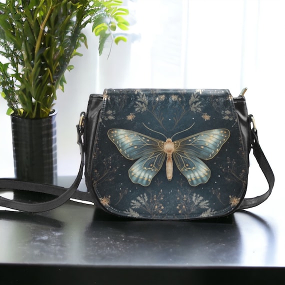 Cottagecore Butterfly Moth Vegan leather saddle bag, Witchy mystical moth crossed body purse women, witch goth moth bag, hippies boho gift