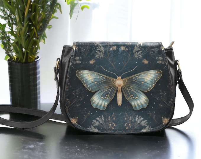 Cottagecore Butterfly Moth Vegan leather saddle bag, Witchy mystical moth crossed body purse women, witch goth moth bag, hippies boho gift