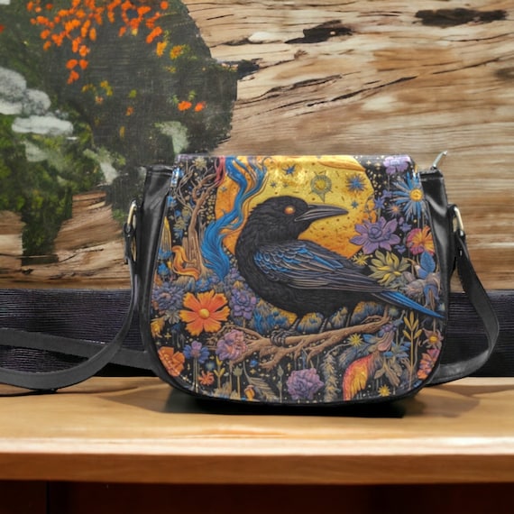 Cottagecore Witchy Crow crossbody saddle bag, Boho Witch Vegan leather shoulder bag with strap, Cute nature saddle purse handbag, boho gift