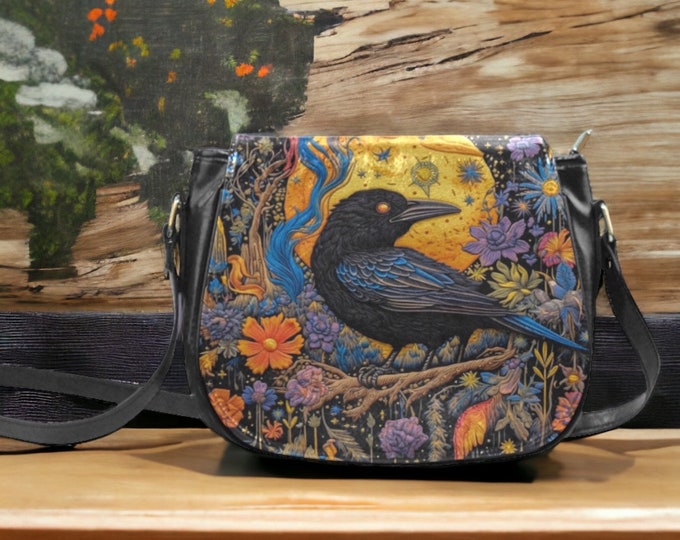 Cottagecore Witchy Crow crossbody saddle bag, Boho Witch Vegan leather shoulder bag with strap, Cute nature saddle purse handbag, boho gift