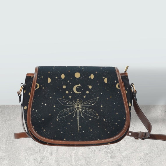 Cottagecore moon dragonfly Saddle bag, witchy women starry moon crossed body purse, cute vegan leather goth moth bag, hippies boho gift