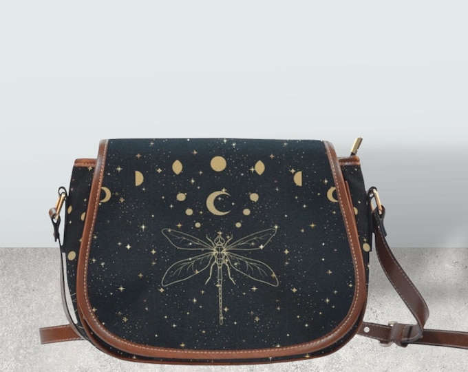 Cottagecore moon dragonfly Saddle bag, witchy women starry moon crossed body purse, cute vegan leather goth moth bag, hippies boho gift
