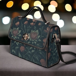 Bolso tipo cartera de lona estilo bohemio Cottagecore oscuro, bonito bolso cruzado con correa de piel vegana, bolso con asa superior estilo Cottagecore, bolso de regalo hippie bohemio