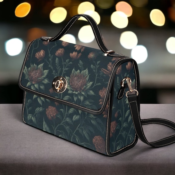 Dark Cottagecore boho Canvas Satchel Bag, Vegan Leather Strap Cute Crossbody bag, Cottagecore Top handle bag, boho hippies gift bag