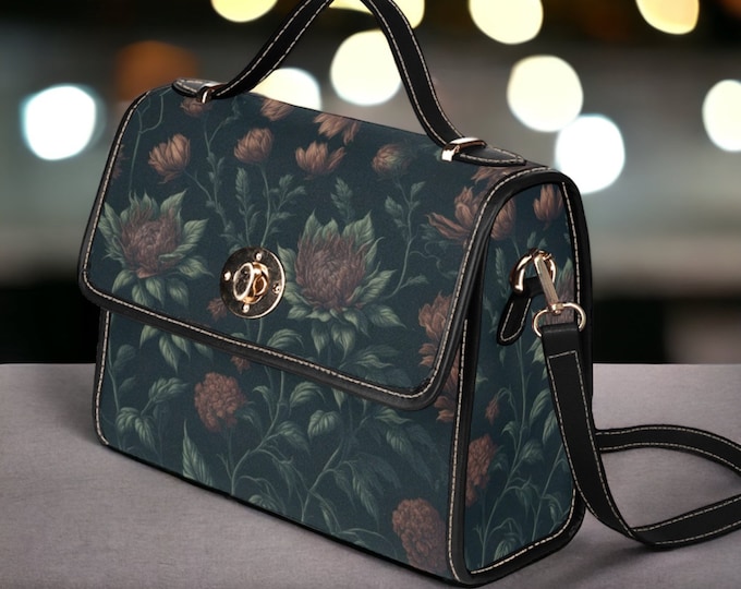 Dark Cottagecore boho Canvas Satchel Bag, Vegan Leather Strap Cute Crossbody bag, Cottagecore Top handle bag, boho hippies gift bag