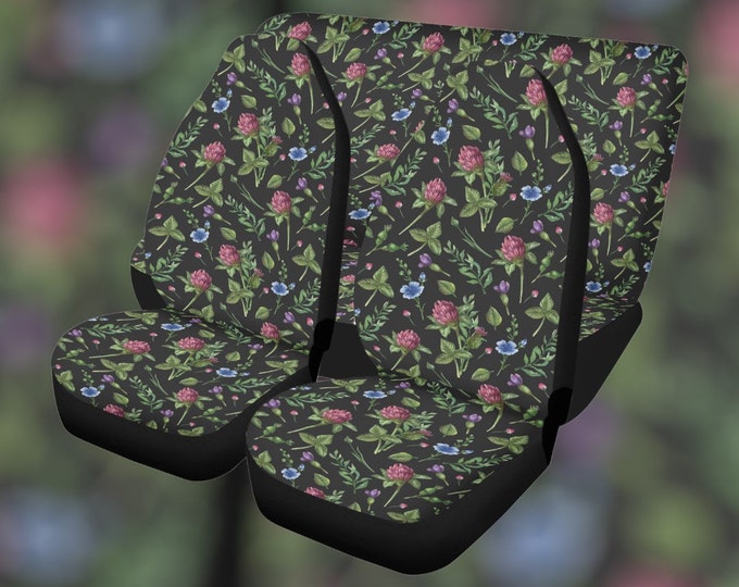 Witchy Wild Flowers and Daisy Green Car Seat Covers, Dark Foral Cottagecore Seat Covers for vehicle car interior decor witch car accessories
