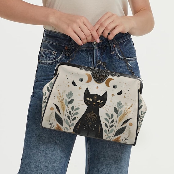 Black Cat Moon Phase Kisslock Bag - Vegan Leather Dark academia Kisslock Purse, Witchy Crossed body Nature purse, goth bag, hippie boho gift