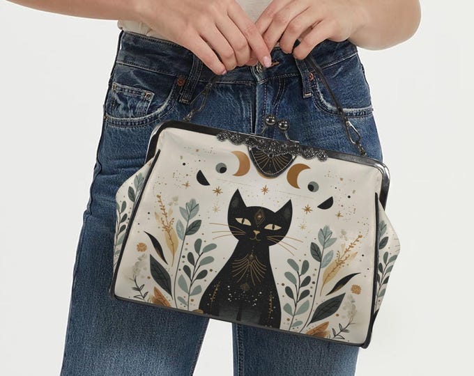 Black Cat Moon Phase Kisslock Bag - Vegan Leather Dark academia Kisslock Purse, Witchy Crossed body Nature purse, goth bag, hippie boho gift
