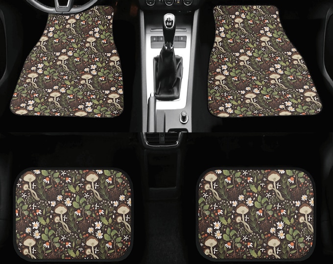 Mushroom Floral Boho Car Floor Mats For Women, Cottagecore Cute Green Floral Front Mat For Car Vehicle, Nature floor mats front and rear