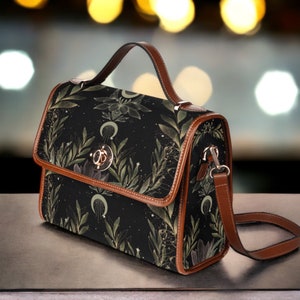 Sac Cottagecore Magic Fern Green Watercolour Witch, cottage bohème Dark academia noir Sac à main en cuir végétalien, sac à main goblincore, boho hippies