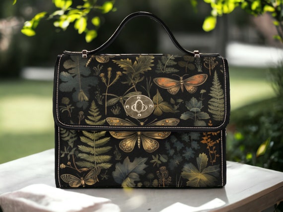 Cottagecore witch Canvas Satchel bag, Mushroom Fern Floral crossbody purse, cute vegan leather strap handbag goth bag, hippies boho gift