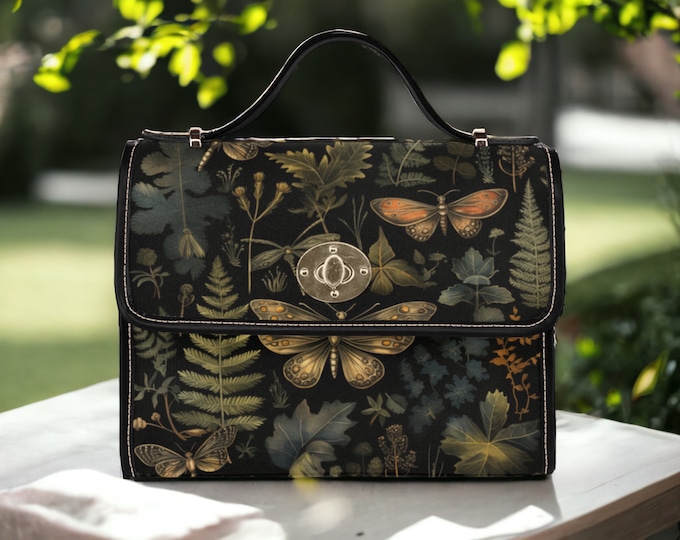 Cottagecore witch Canvas Satchel bag, Mushroom Fern Floral crossbody purse, cute vegan leather strap handbag goth bag, hippies boho gift