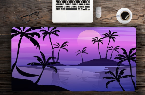 Purple Tropical Desk Mat, custom desk mat, purple desk mat cute, boho outdoor desk mat, landscape extra large mouse pad, mouse pad gaming