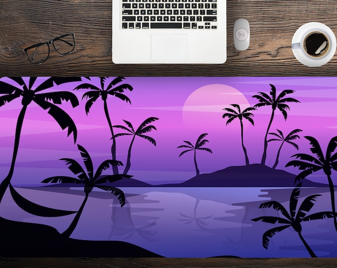 Purple Tropical Desk Mat, custom desk mat, purple desk mat cute, boho outdoor desk mat, landscape extra large mouse pad, mouse pad gaming