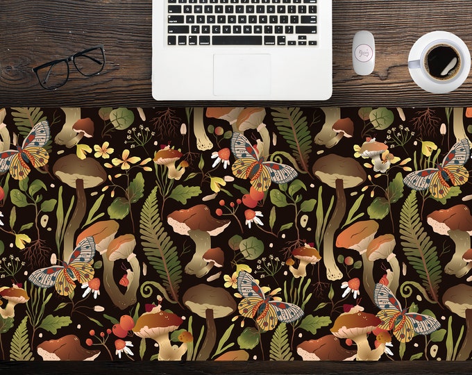 Cute Forest Witch Magic Mushroom Forager Fern Desk Mat, Boho Extended Mouse Pad, Extra Large Gaming Desk Pad, Nature Ergonomic Mouse Pad