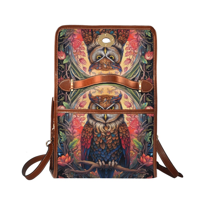 Magical Owl Dark academia canvas satchel bag, Witchy Dark Cottagecore Whimsy goth Black poetic Vegan leather trim crossbody messenger bag image 6