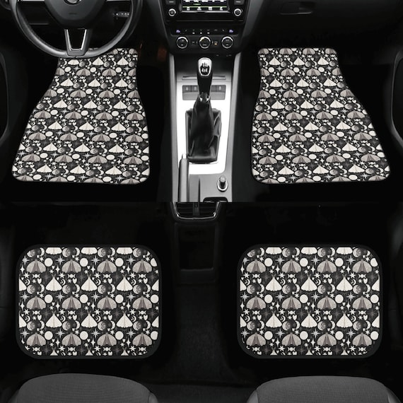 Black Gray Kawaii Goth mystical element car floor mats, cute cute spooky car interior decor, car accessories goth moth moon phases