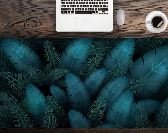 Dark Tropical Leaves Green Desk Mat with Multiple Size Options, Extra Large Desk Mat For Home Office, Gift For Coworker, Extended Mouse Pad