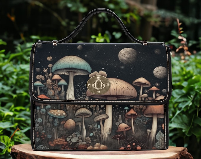 Cottagecore witch Canvas Satchel bag, Cute women mushroom celestial moon crossed body purse, vegan leather strap hand bag, hippies boho gift