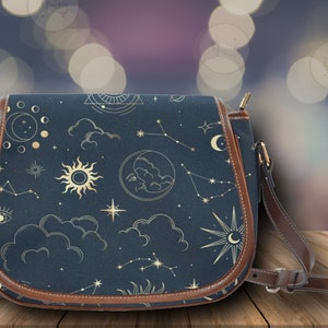 Boho astrology Vegan leather Goth saddle bag, celestial witchy crossed body cute PU leather hand bag goth bag, dark kawaii goth purse gift