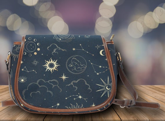 Boho astrology Vegan leather Goth saddle bag, celestial witchy crossed body cute PU leather hand bag goth bag, dark kawaii goth purse gift