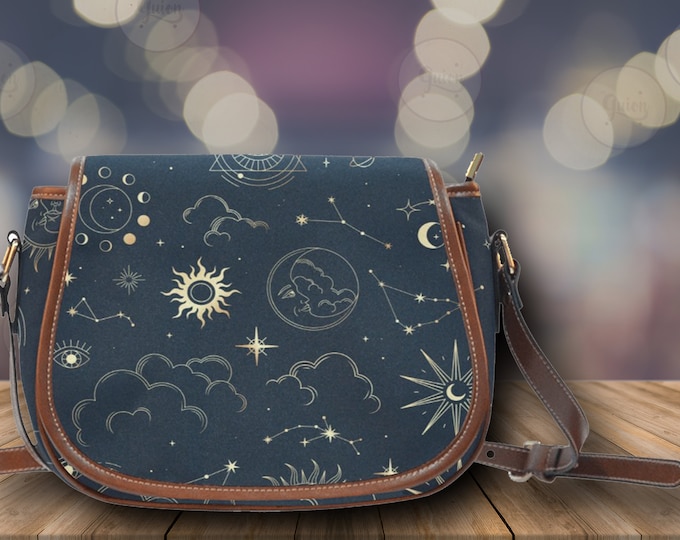 Boho astrology Vegan leather Goth saddle bag, celestial witchy crossed body cute PU leather hand bag goth bag, dark kawaii goth purse gift