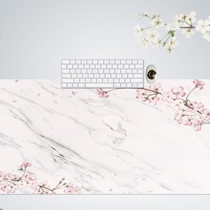 Cute Pink Sakura Flower on Marble Decorative Mouse Pad, LArge Computer Desk Mat, Keyboard Mat, Coworker Gift, Desk Decor For Women