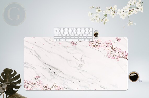 Cute Pink Sakura Flower on Marble Decorative Mouse Pad, LArge Computer Desk Mat, Keyboard Mat, Coworker Gift, Desk Decor For Women