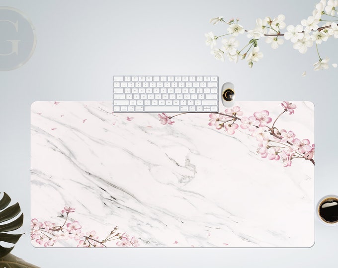 Cute Pink Sakura Flower on Marble Decorative Mouse Pad, LArge Computer Desk Mat, Keyboard Mat, Coworker Gift, Desk Decor For Women