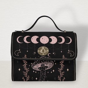 Cottagecore Moon Canvas Satchel Bag, Cute Women Mushroom Moon Crossed