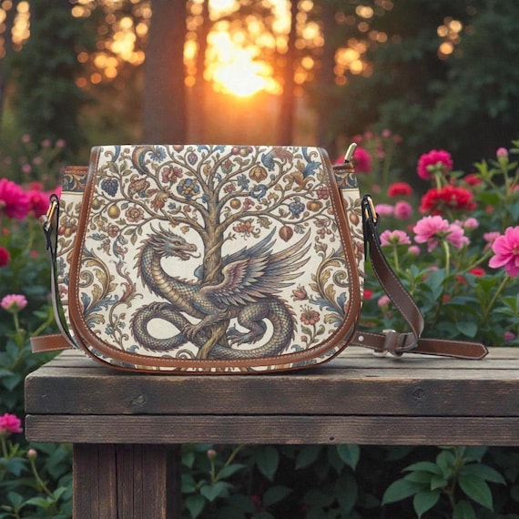 Boho Woodland Dragon Saddle Bag, Medieval Renaissance Dragon CrossBody handbag, Gremlincore Goblincore Purse, Ren Faire Dragon Aesthetic Bag