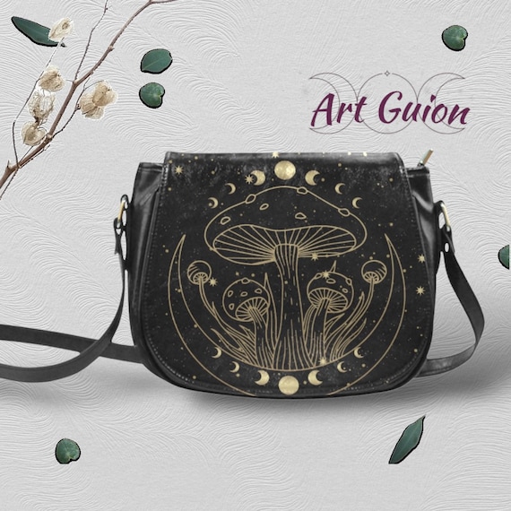 Cute Boho Moon witch Black Vegan leather saddle bag, women mushroom crossed body purse, PU leather hand bag goth bag, hippies boho gift
