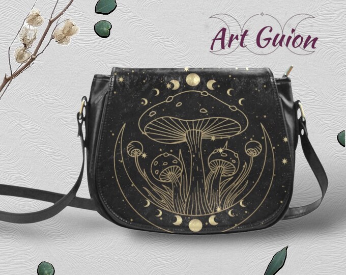 Cute Boho Moon witch Black Vegan leather saddle bag, women mushroom crossed body purse, PU leather hand bag goth bag, hippies boho gift