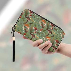 Cottagecore Nature Green Wallet Boho Mushroom Forest Pattern, Cute Wallet para mujer, estética de hongo, monedero de hongo estético
