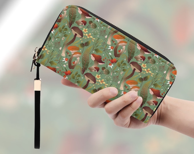Cottagecore Nature Green Wallet Boho Mushroom Forest Pattern, Cute Wallet for women, mushroomcore aesthetics, aesthetic mushroom purse