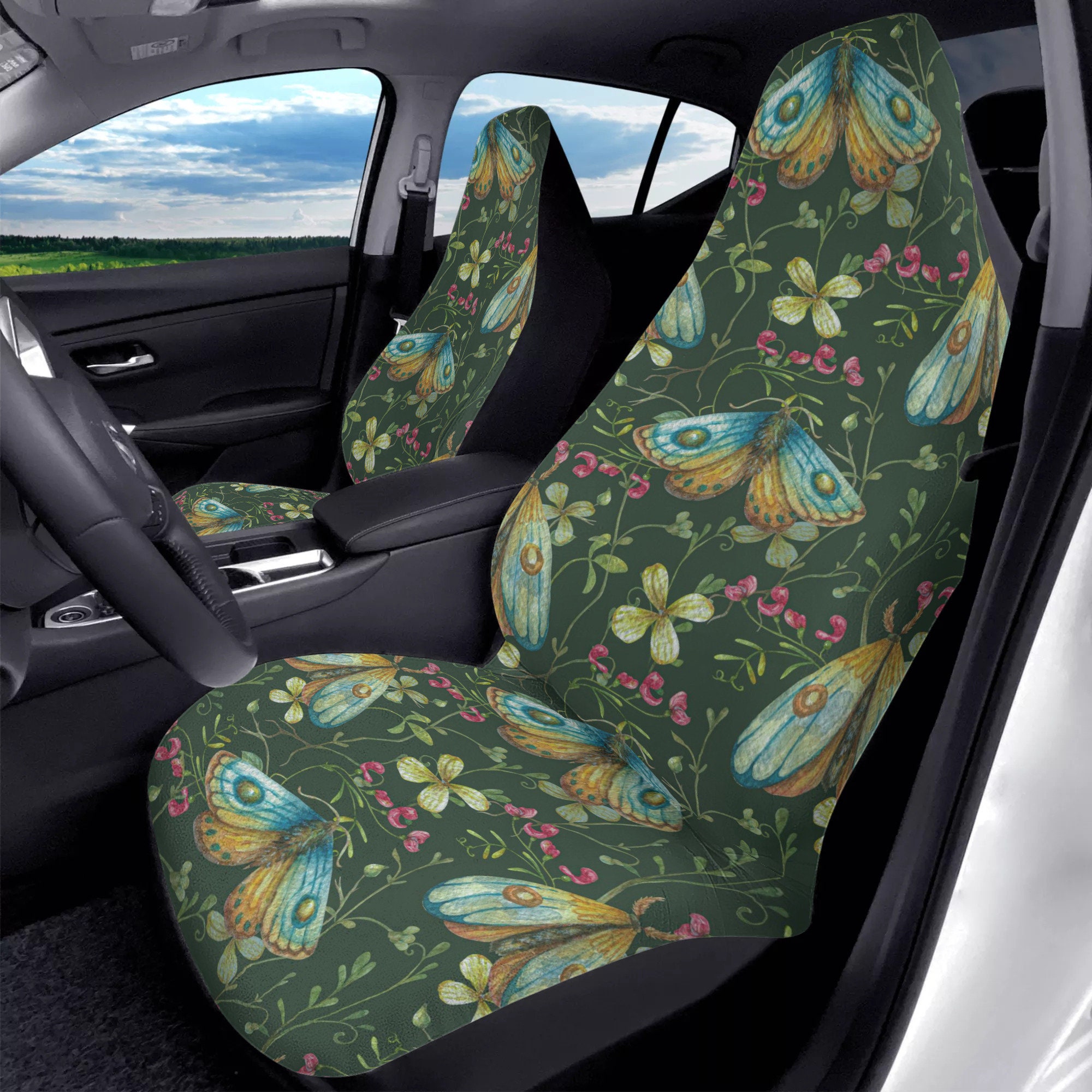 Watercolor Cottagecore Moth Green Car Seat Covers, Cute botanical