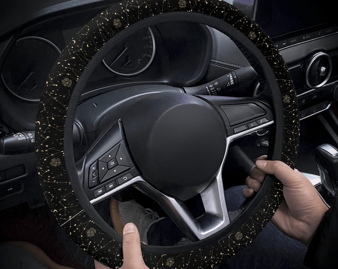 Constellations Stars Black Steering Wheel Cover, Celestial Witchy Wheel Cover For Car Vehicle, celestial wheel cover car interior decor gift