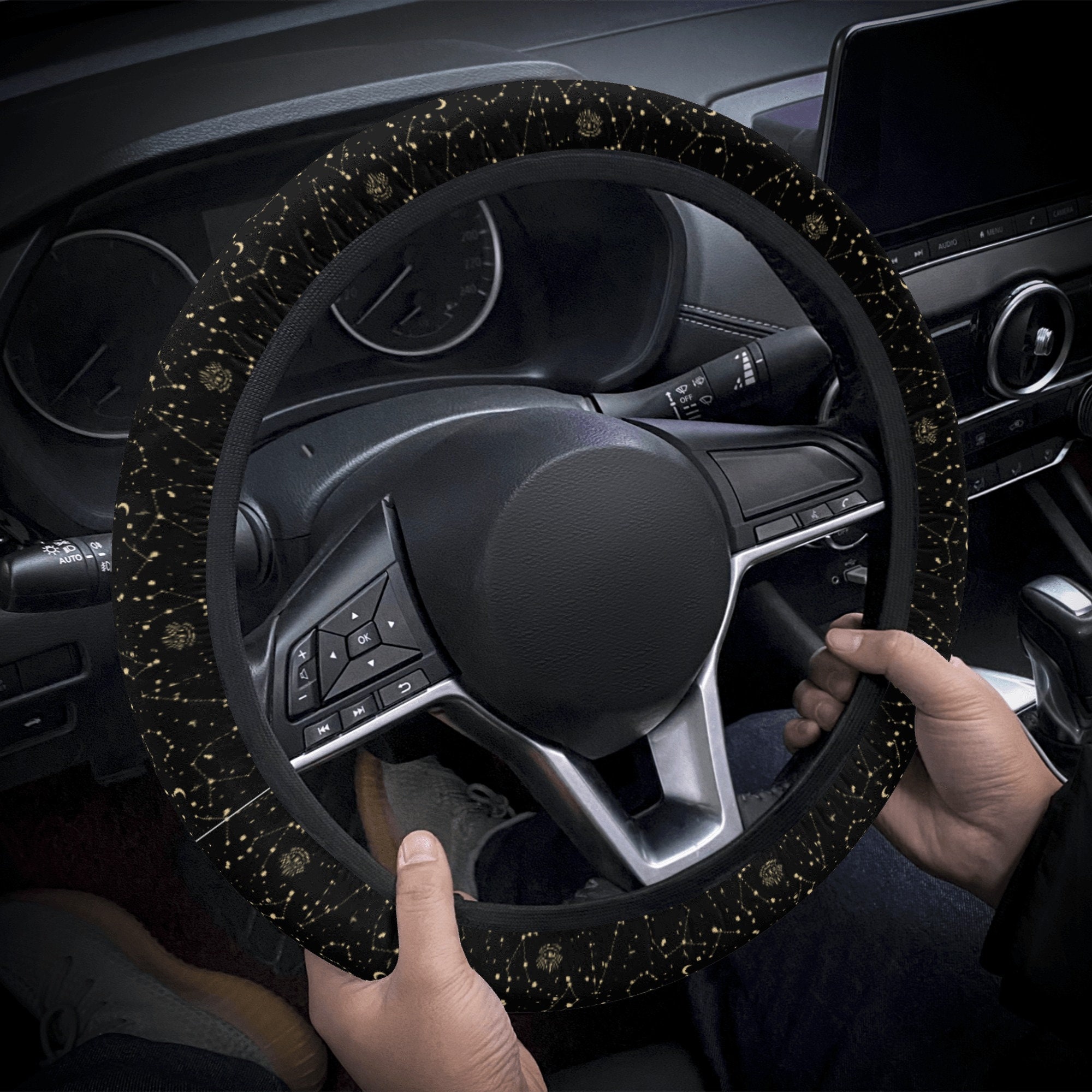 5 Pieces Bling Car Accessories Set Crystal Diamond Car Steering Wheel Cover  Faux Fur Auto Center Console Pad Cup Holders Rhinestone Ring Sticker for