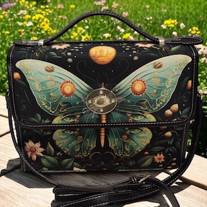 Mystical Luna Moth Canvas Satchel bag, sac à main à bandoulière Cottagecore Forest Witch, sac à main gothique en cuir végétalien, cadeau bohème hippies