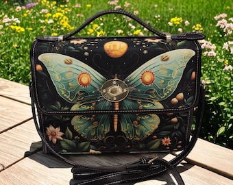 Bolso satchel de lona Mystical Luna Moth, bolso bandolera estilo bruja del bosque estilo cottagecore, bolso gótico con correa de cuero vegano, regalo bohemio hippie.