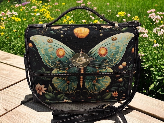 Mystical Luna Moth Canvas Satchel bag, Cottagecore Forest Witch crossbody purse, vegan leather strap handbag goth bag, hippies boho gift