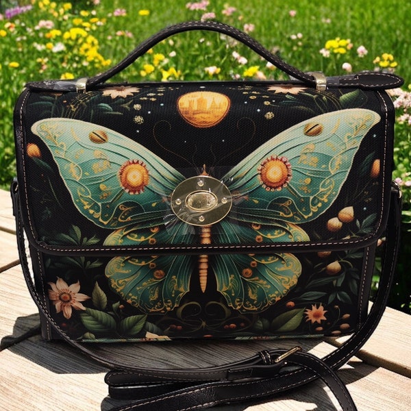 Mystical Luna Moth Canvas Satchel bag, Cottagecore Forest Witch crossbody purse, vegan leather strap handbag goth bag, hippies boho gift