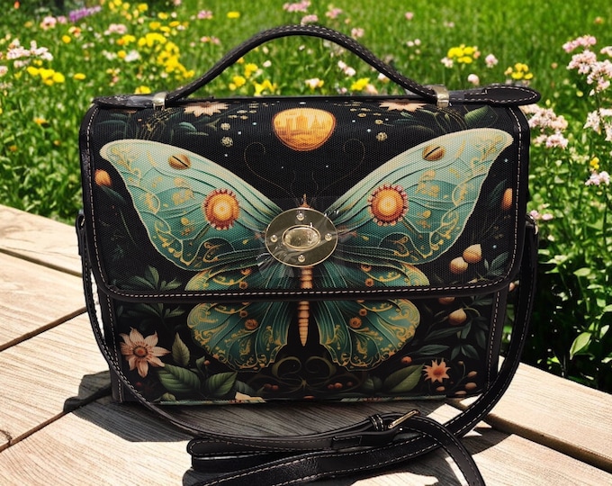 Mystical Luna Moth Canvas Satchel bag, Cottagecore Forest Witch crossbody purse, vegan leather strap handbag goth bag, hippies boho gift